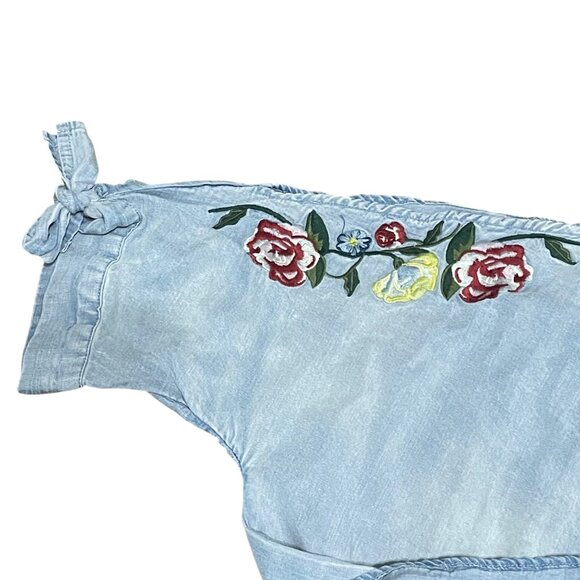 Velvet Heart Embroidered Blouse Floral Chambray Tie Sleeve Peasant Boho - Picture 4 of 9